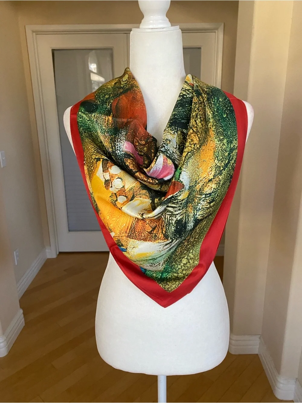 Silk Scarf Wrap Dress Top Abstract Multicolor with Red Trim